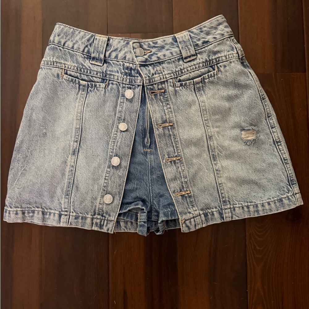 We The Free Light Blue Denim Skort with Button-Front